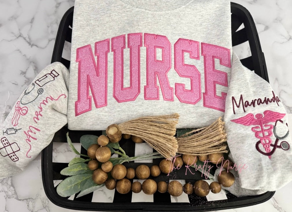EMBROIDERED NURSE GLITTER APPLIQUÉ SWEATSHIRT