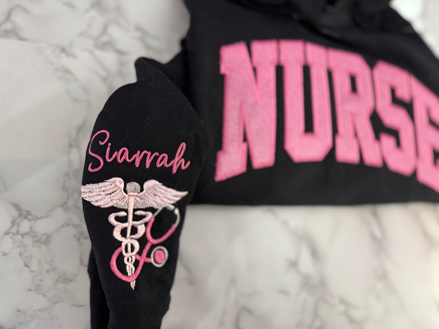 EMBROIDERED NURSE GLITTER APPLIQUÉ HOODIE