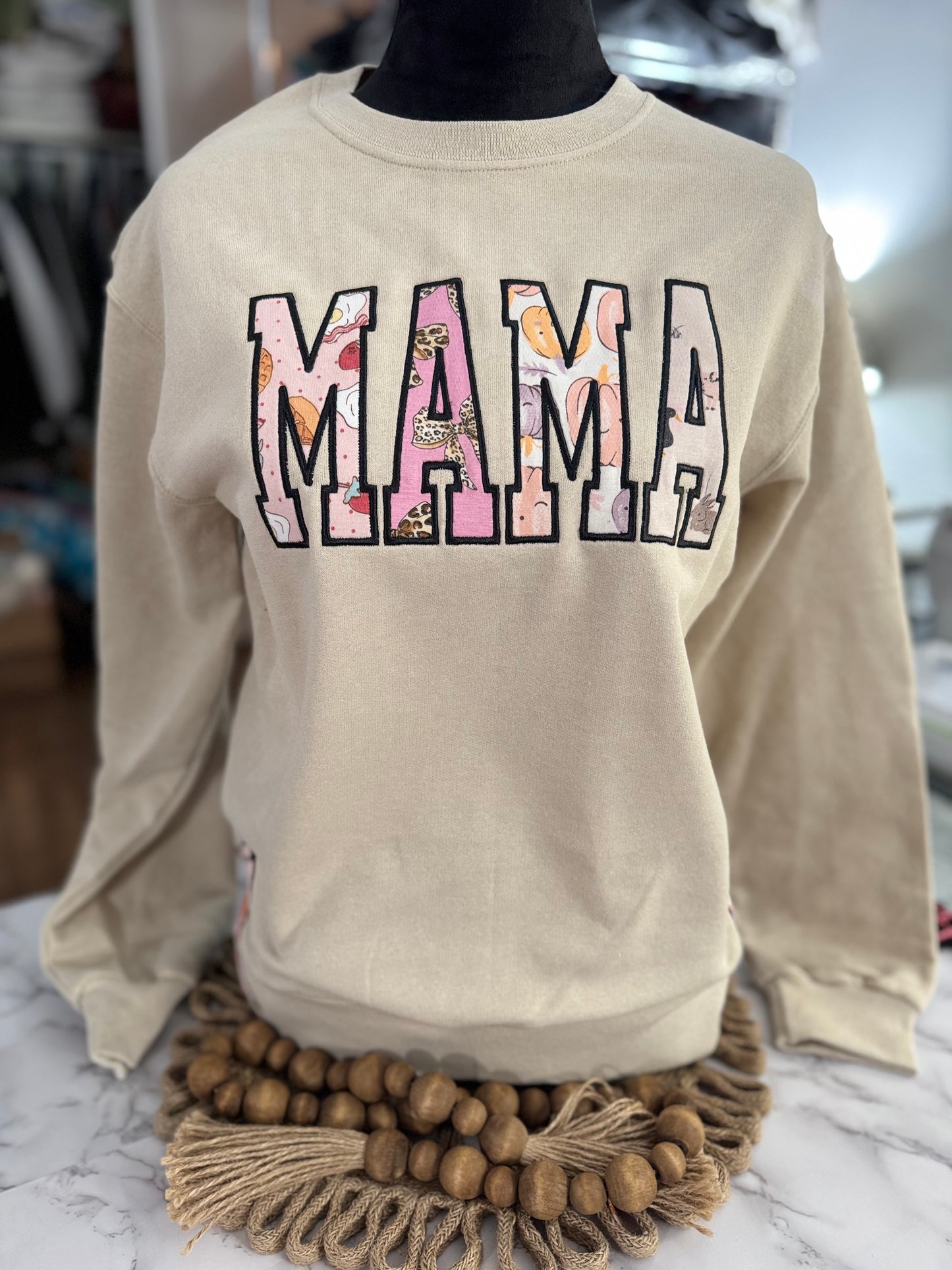 EMBROIDERED MAMA KEEPSAKE SWEATSHIRT WITH KEEPSAKE SIDE BOWS