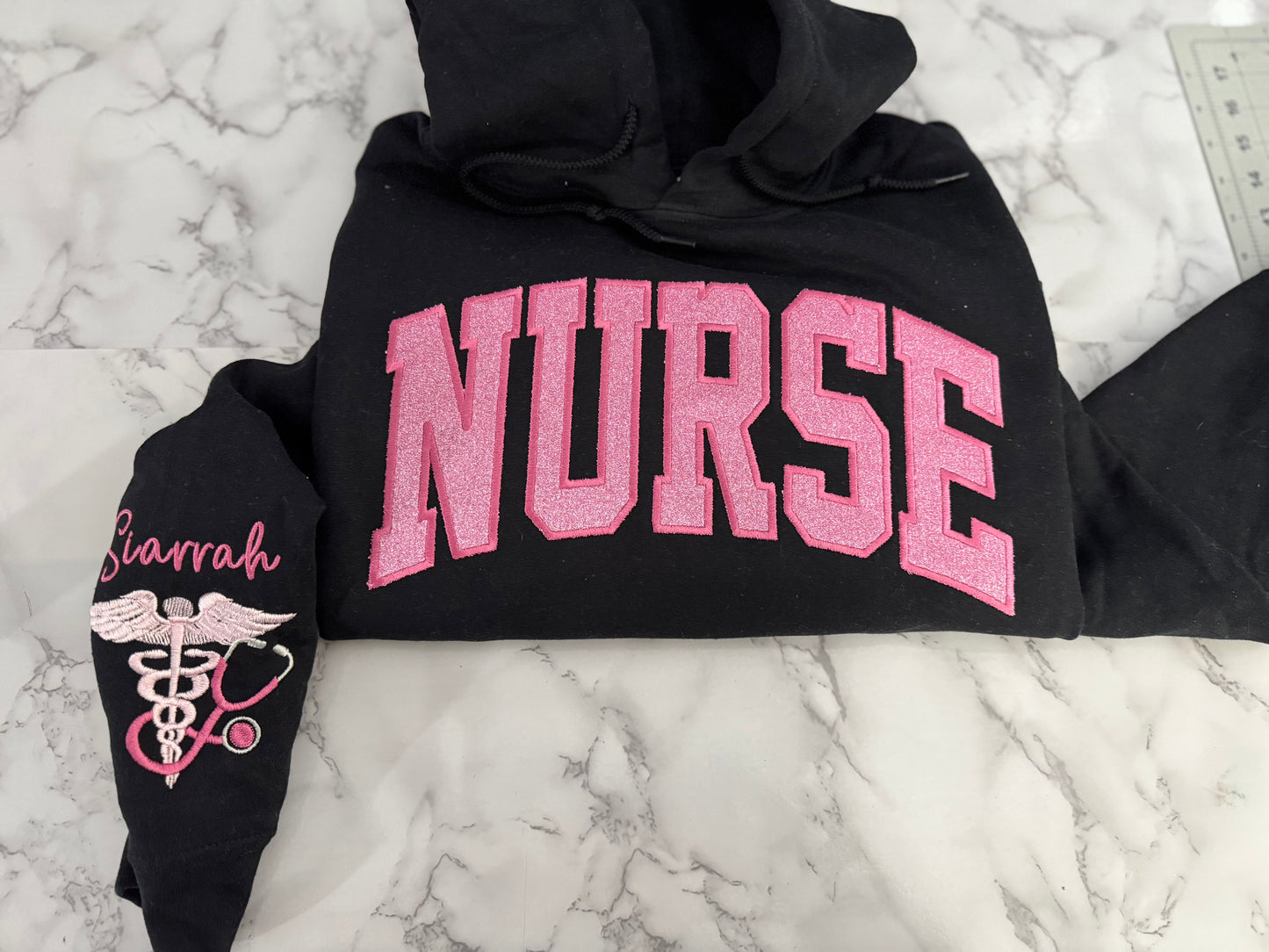 EMBROIDERED NURSE GLITTER APPLIQUÉ HOODIE