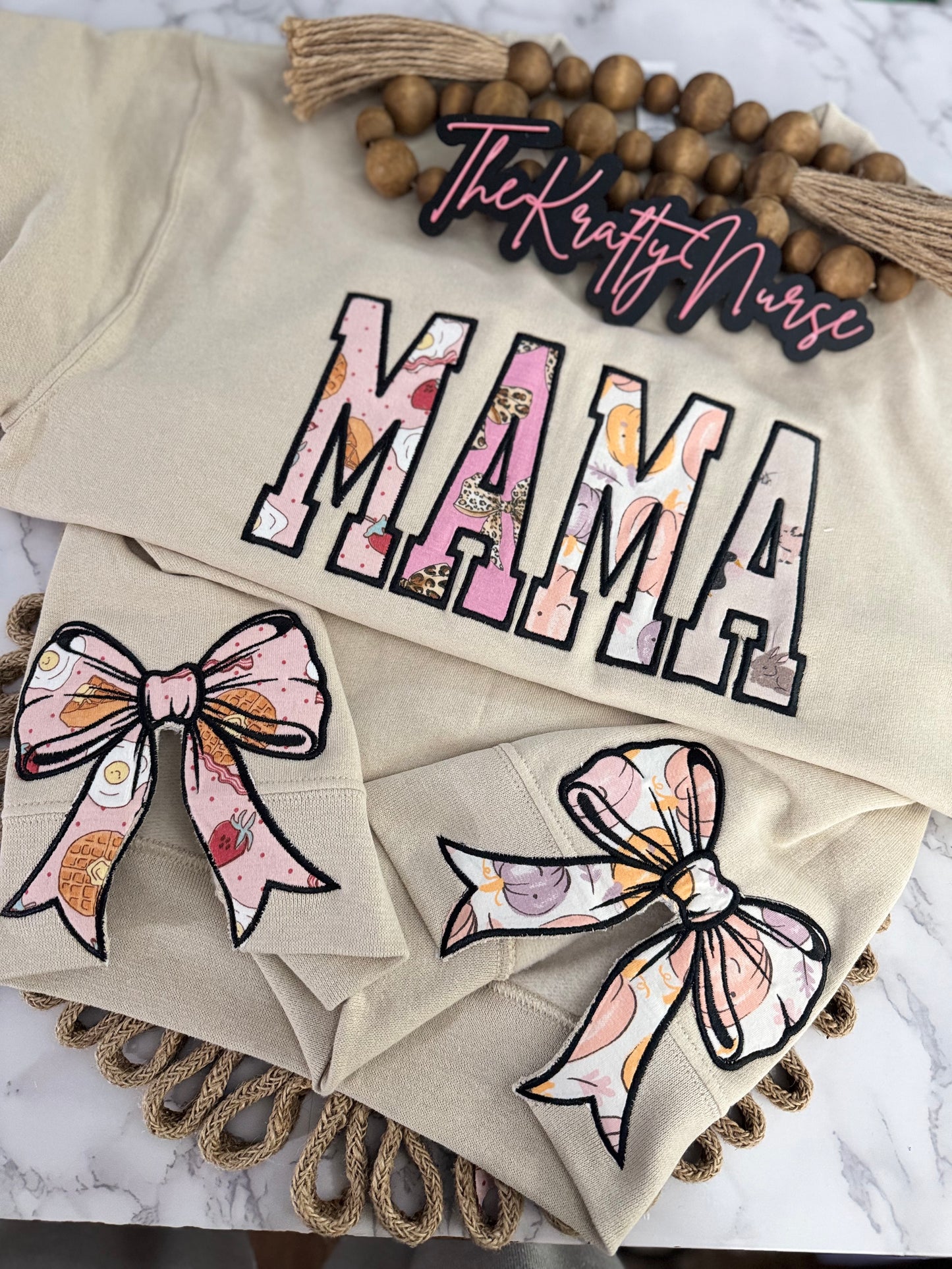 EMBROIDERED MAMA KEEPSAKE SWEATSHIRT WITH KEEPSAKE SIDE BOWS