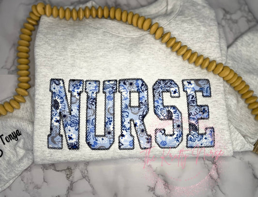 BLUE FLORAL NURSE APPLIQUE