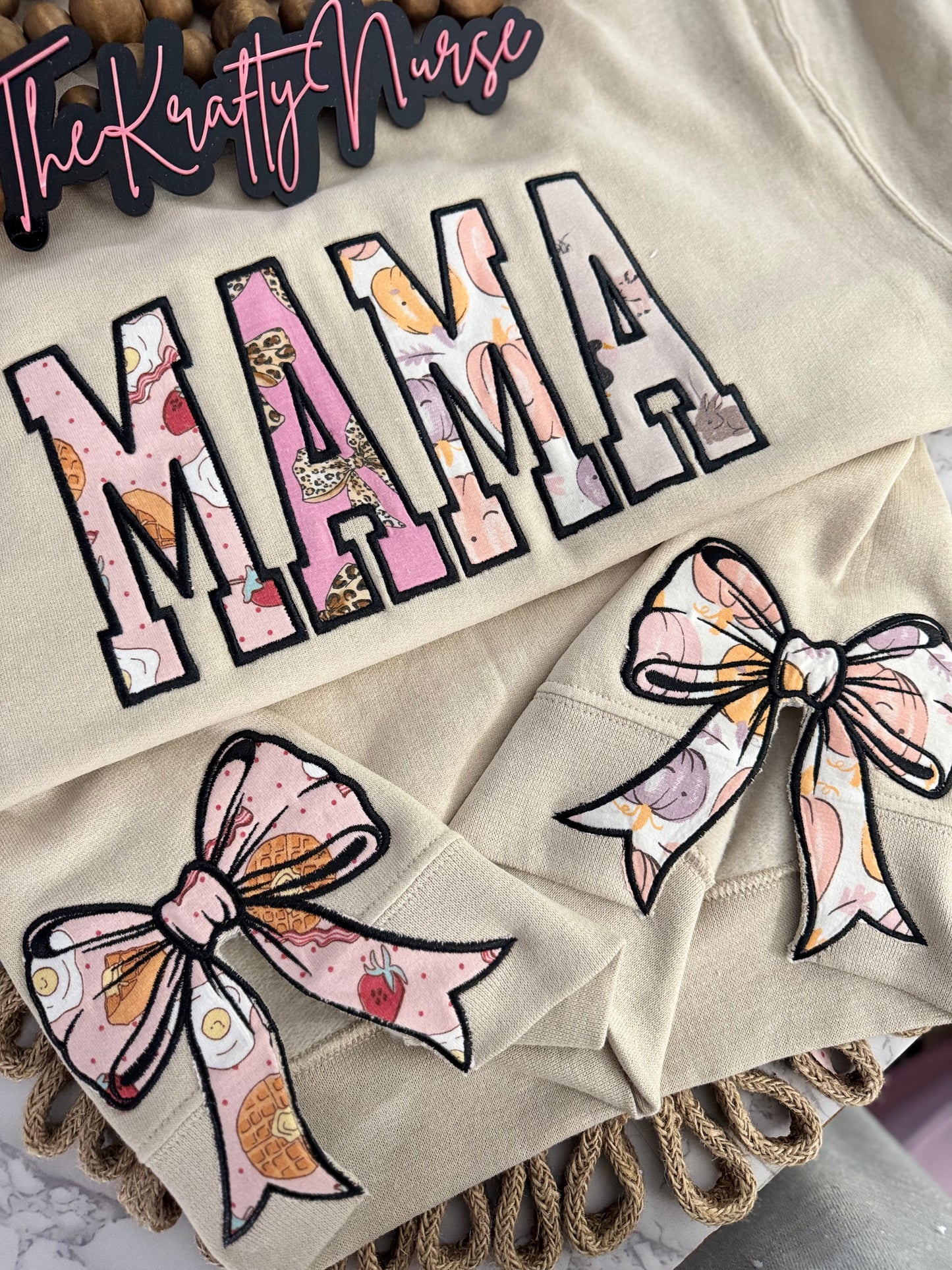 EMBROIDERED MAMA KEEPSAKE SWEATSHIRT WITH KEEPSAKE SIDE BOWS