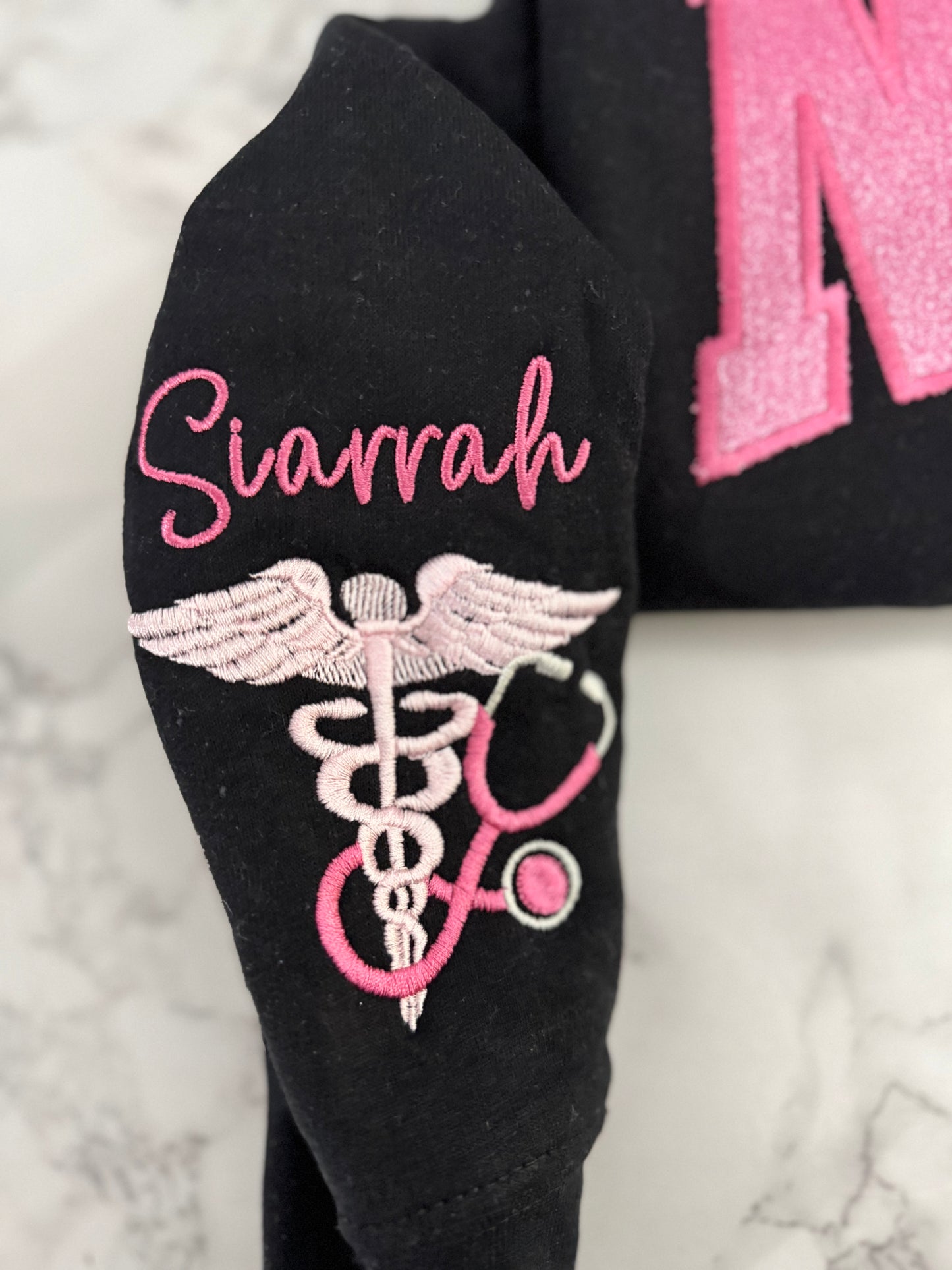 EMBROIDERED NURSE GLITTER APPLIQUÉ HOODIE