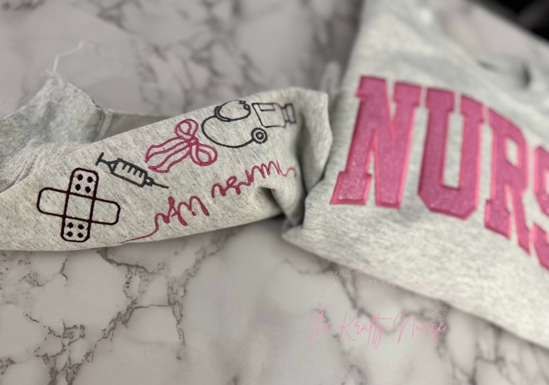 EMBROIDERED NURSE GLITTER APPLIQUÉ SWEATSHIRT