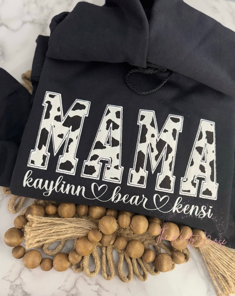 EMBROIDERED COW PRINT MAMA HOODIE