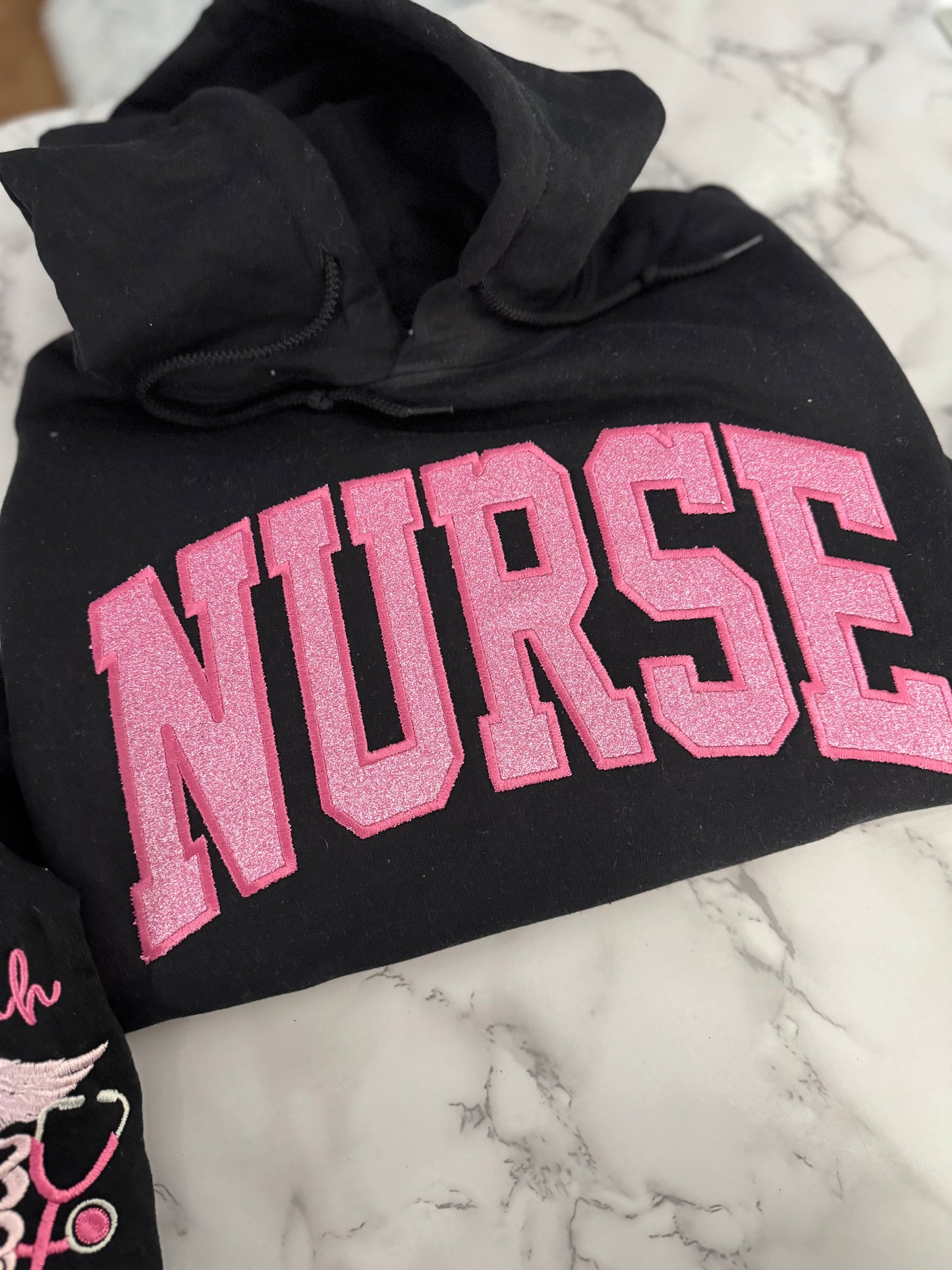 EMBROIDERED NURSE GLITTER APPLIQUÉ HOODIE