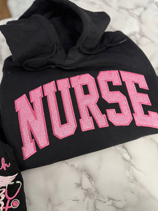 EMBROIDERED NURSE GLITTER APPLIQUÉ HOODIE
