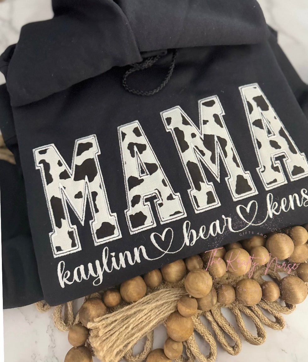 EMBROIDERED COW PRINT MAMA HOODIE